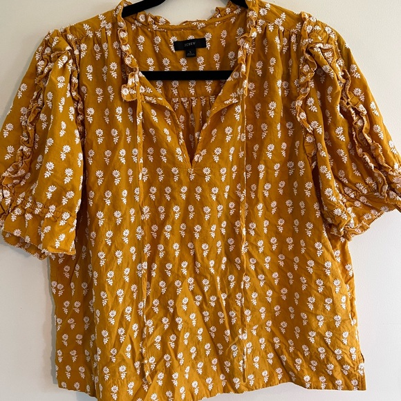 JCrew Mustard Peasant Blouse White Embroidered Flowers Keyhole Front - Picture 2 of 12